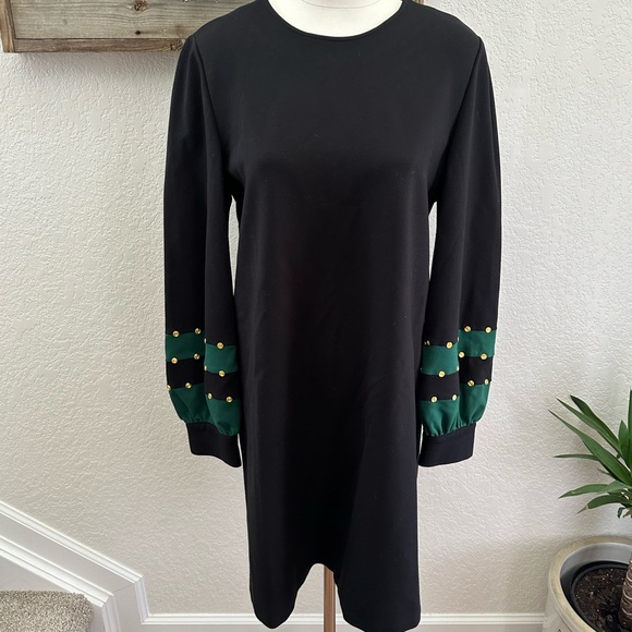 Tory Burch black long sleeve ponte shift dress green gold detail ladies L  NWT Women
